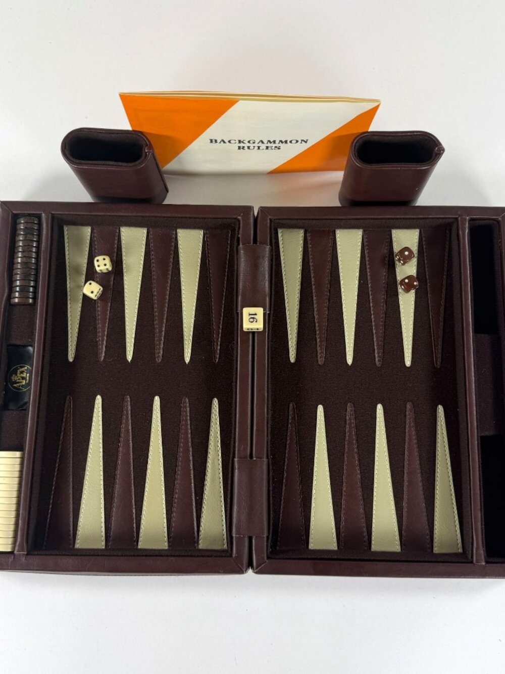Vintage Apex Backgammon Set Faux Leather Case Brown Complete Travel Size